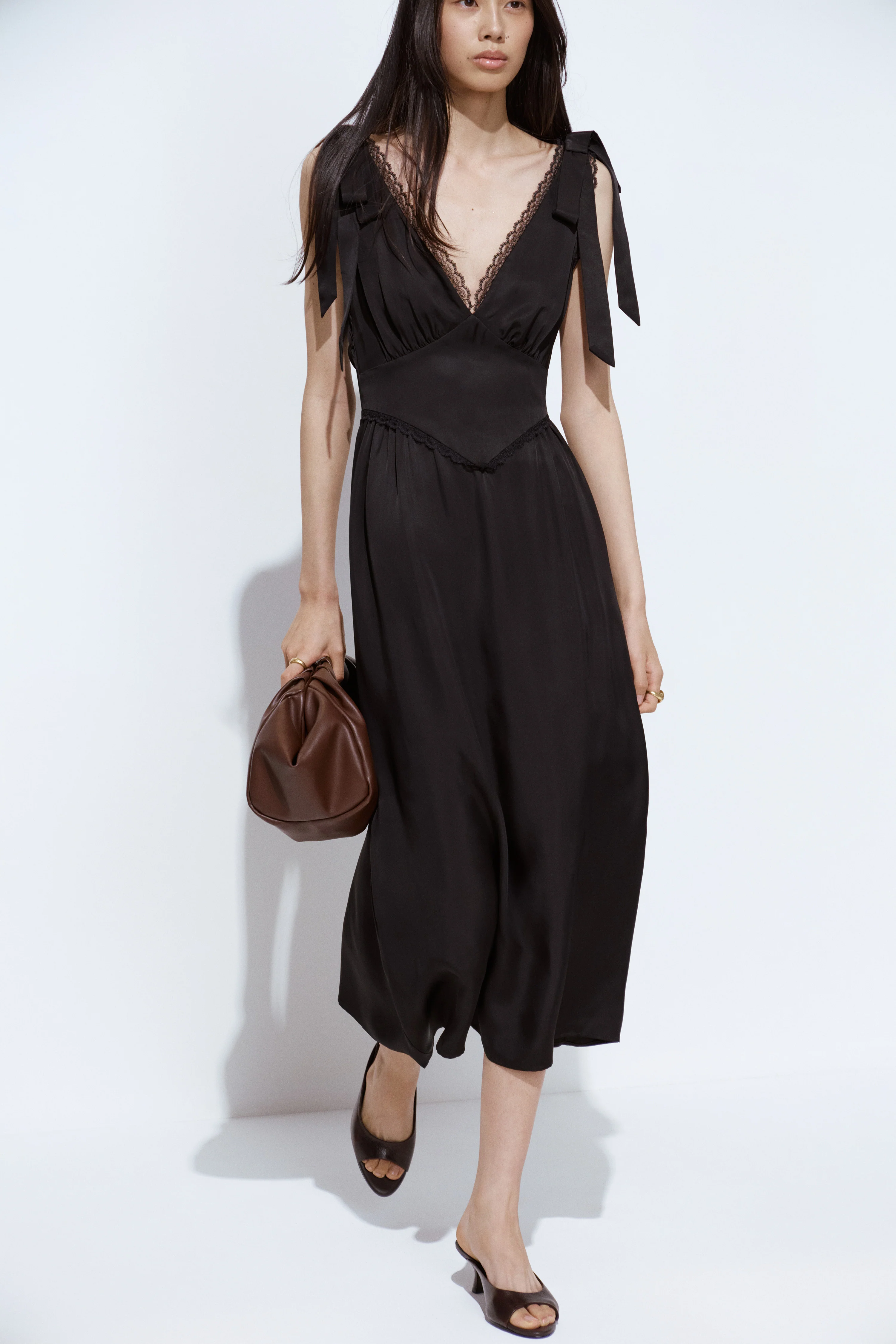 CORSET LACED BOW-DETAIL SATIN DRESS