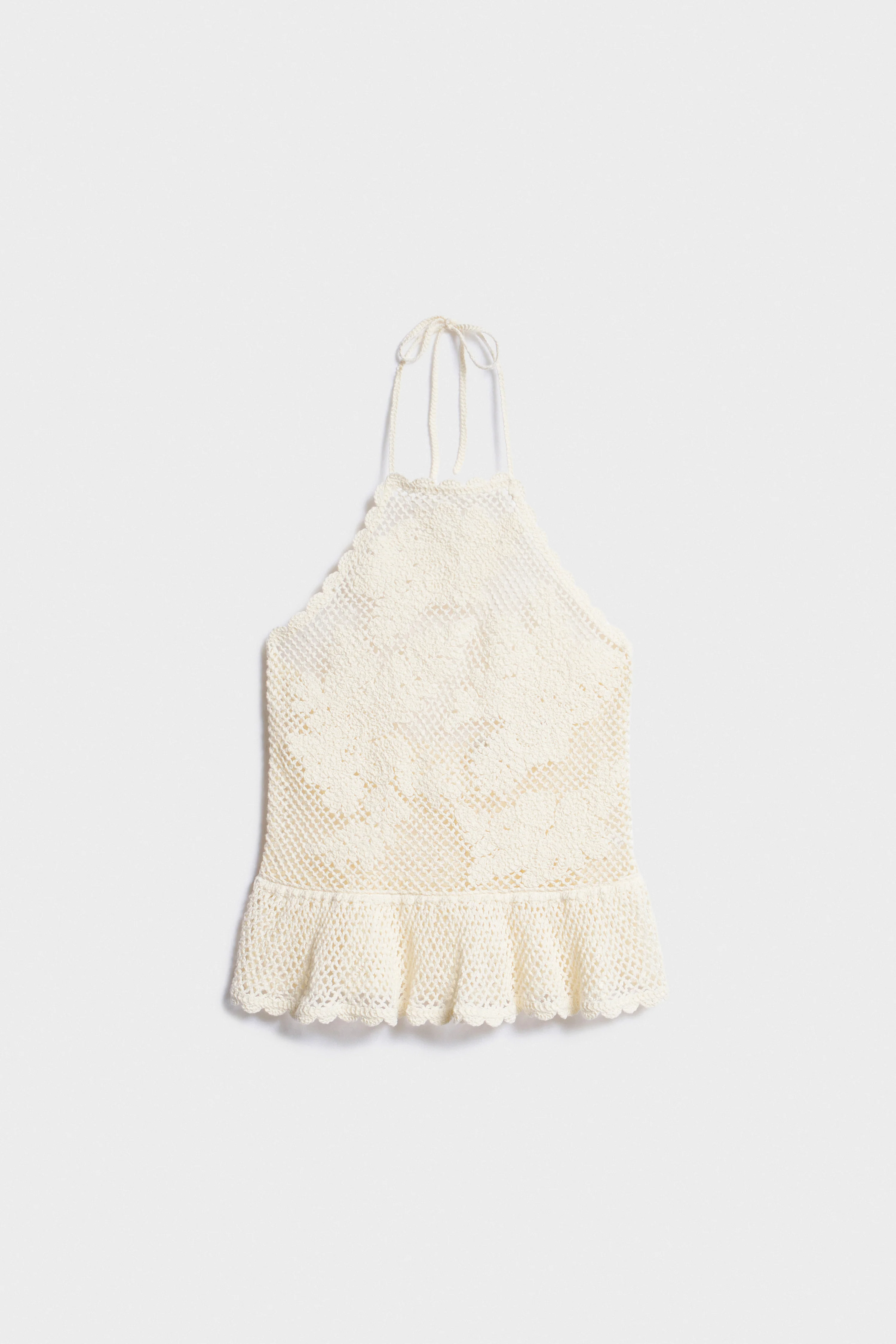 CROCHET-LOOK KNIT HALTER TOP
