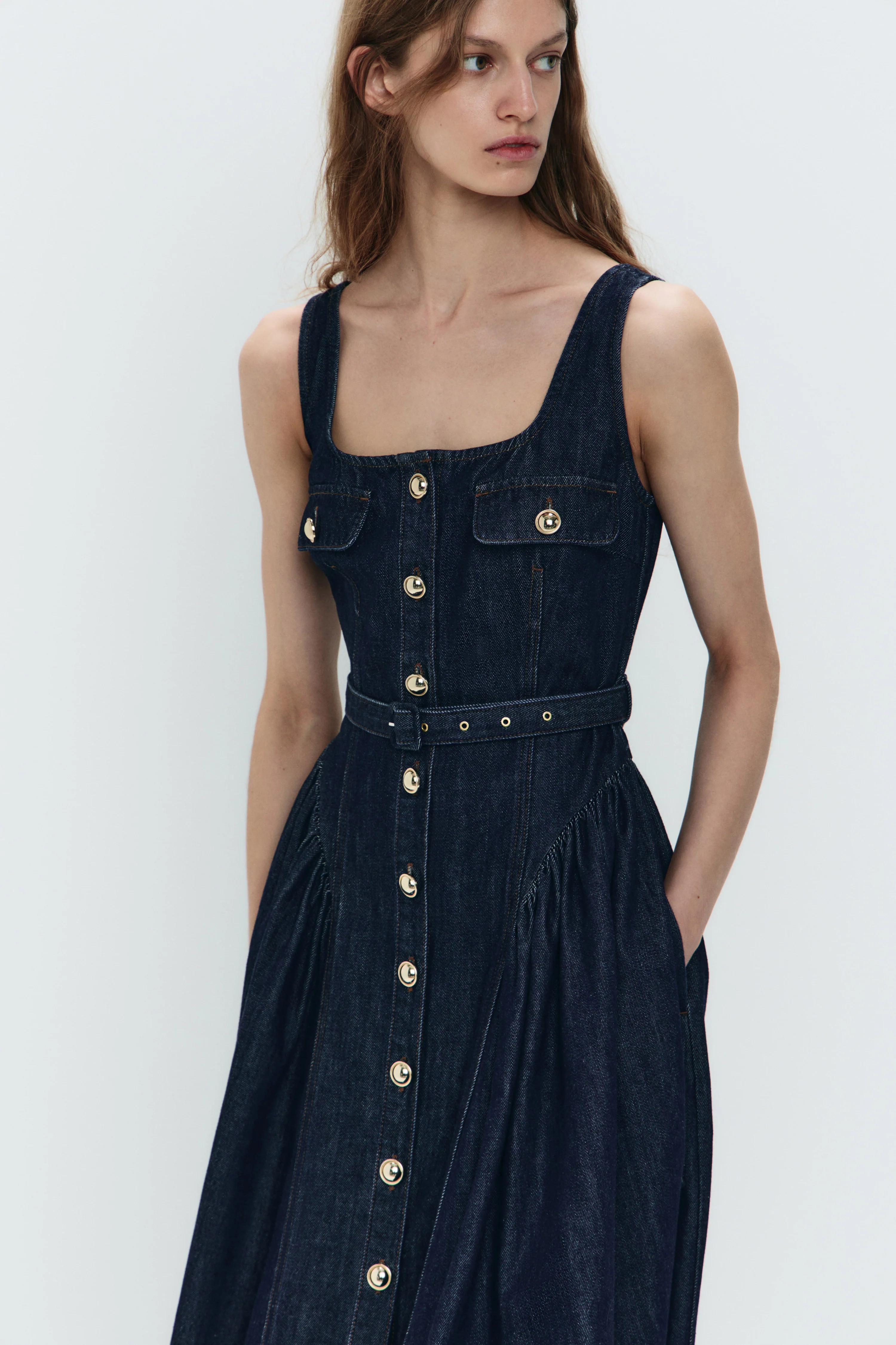 FLARED-SKIRT DENIM DRESS