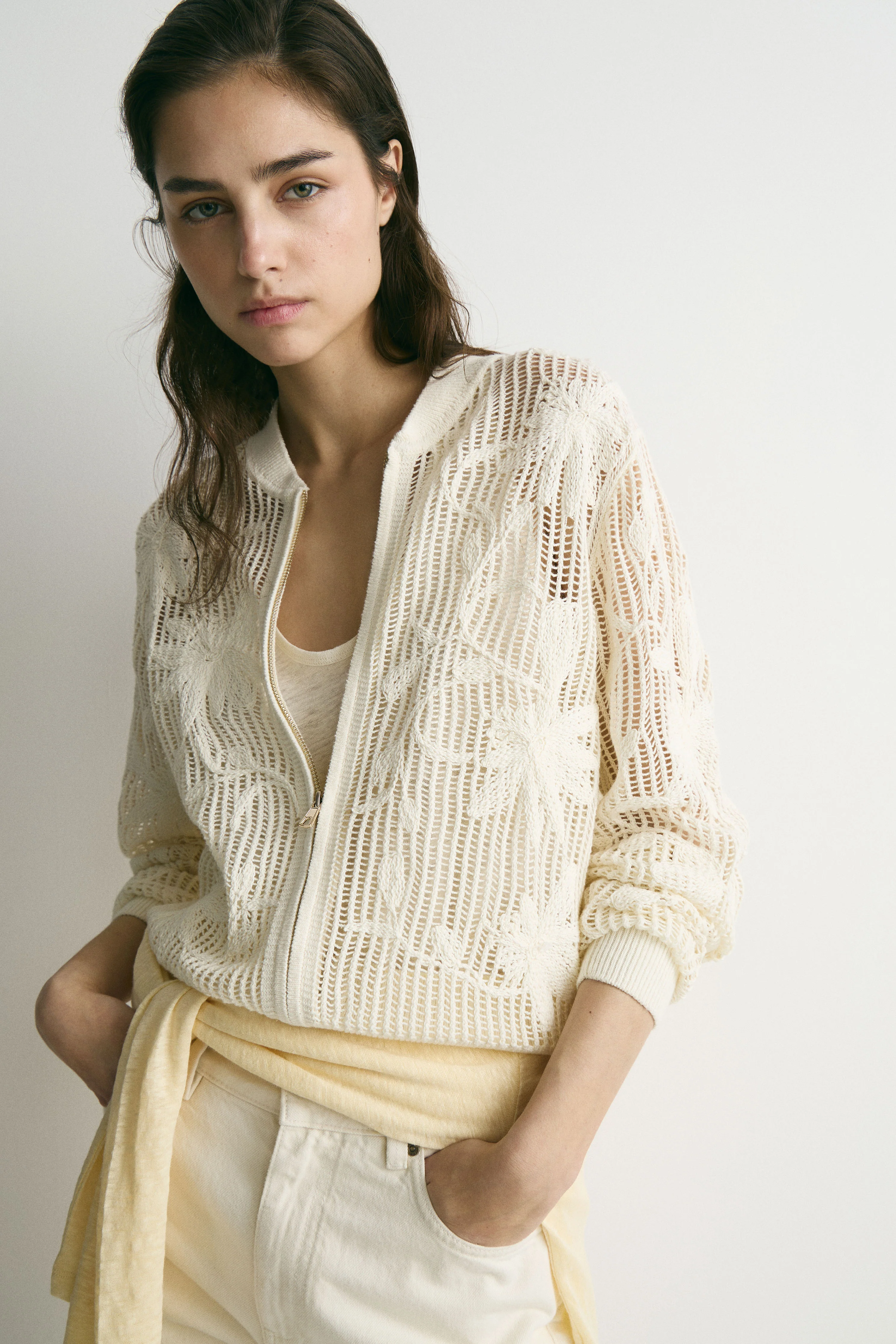 HOLE-KNIT EMBROIDERY-DETAIL COTTON CARDIGAN