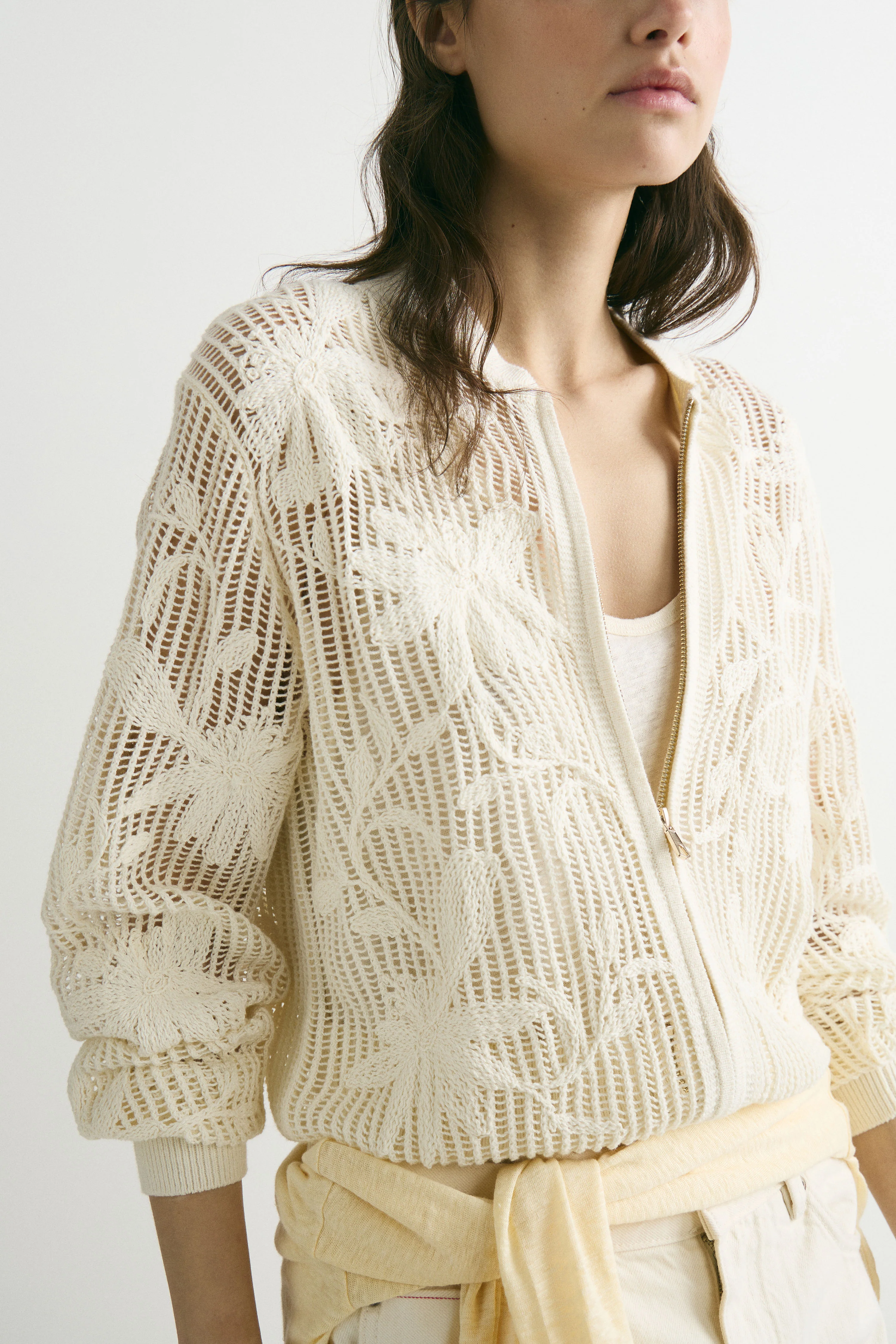 HOLE-KNIT EMBROIDERY-DETAIL COTTON CARDIGAN - Image 3