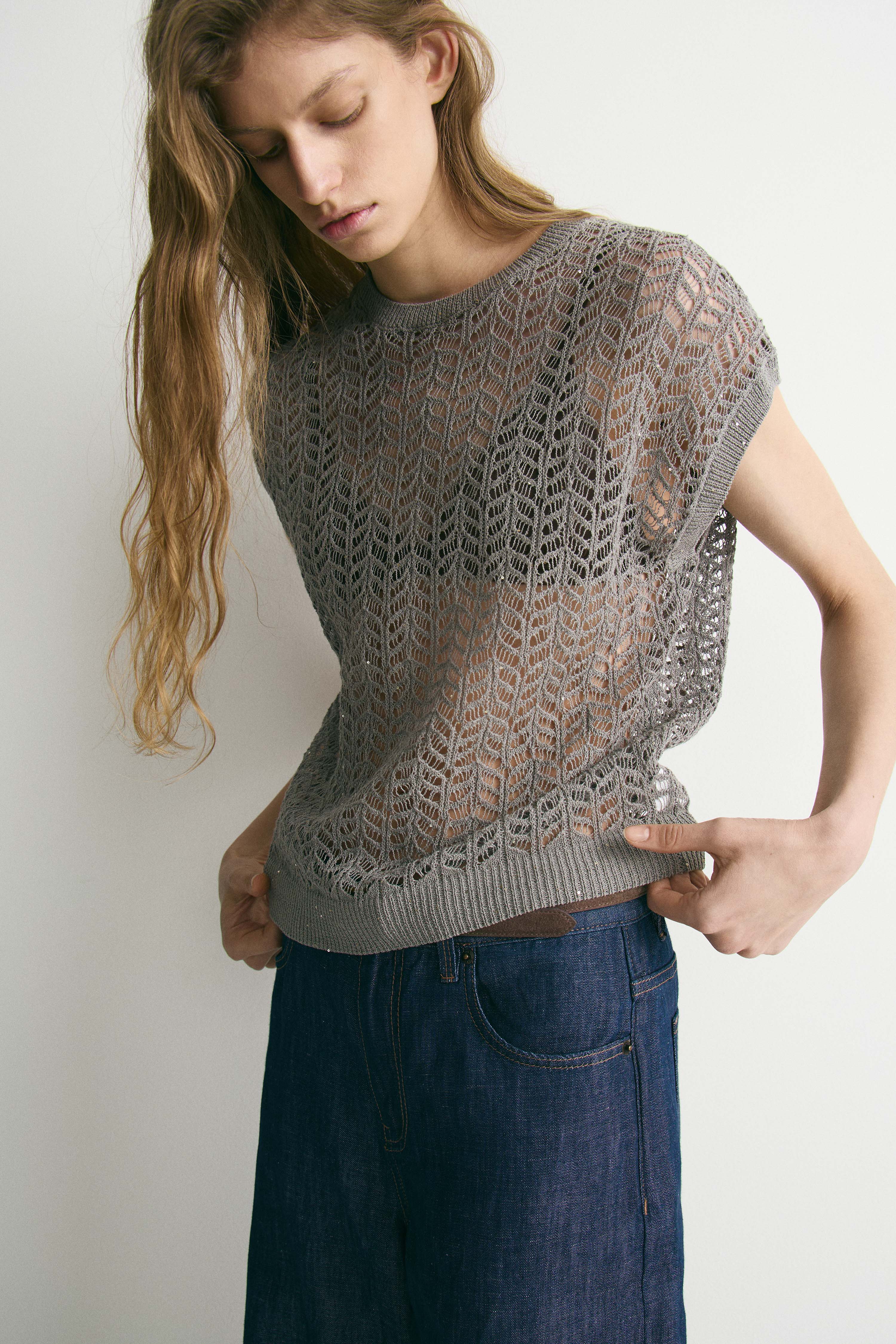 HOLE-KNIT COTTON-LINEN SWEATER