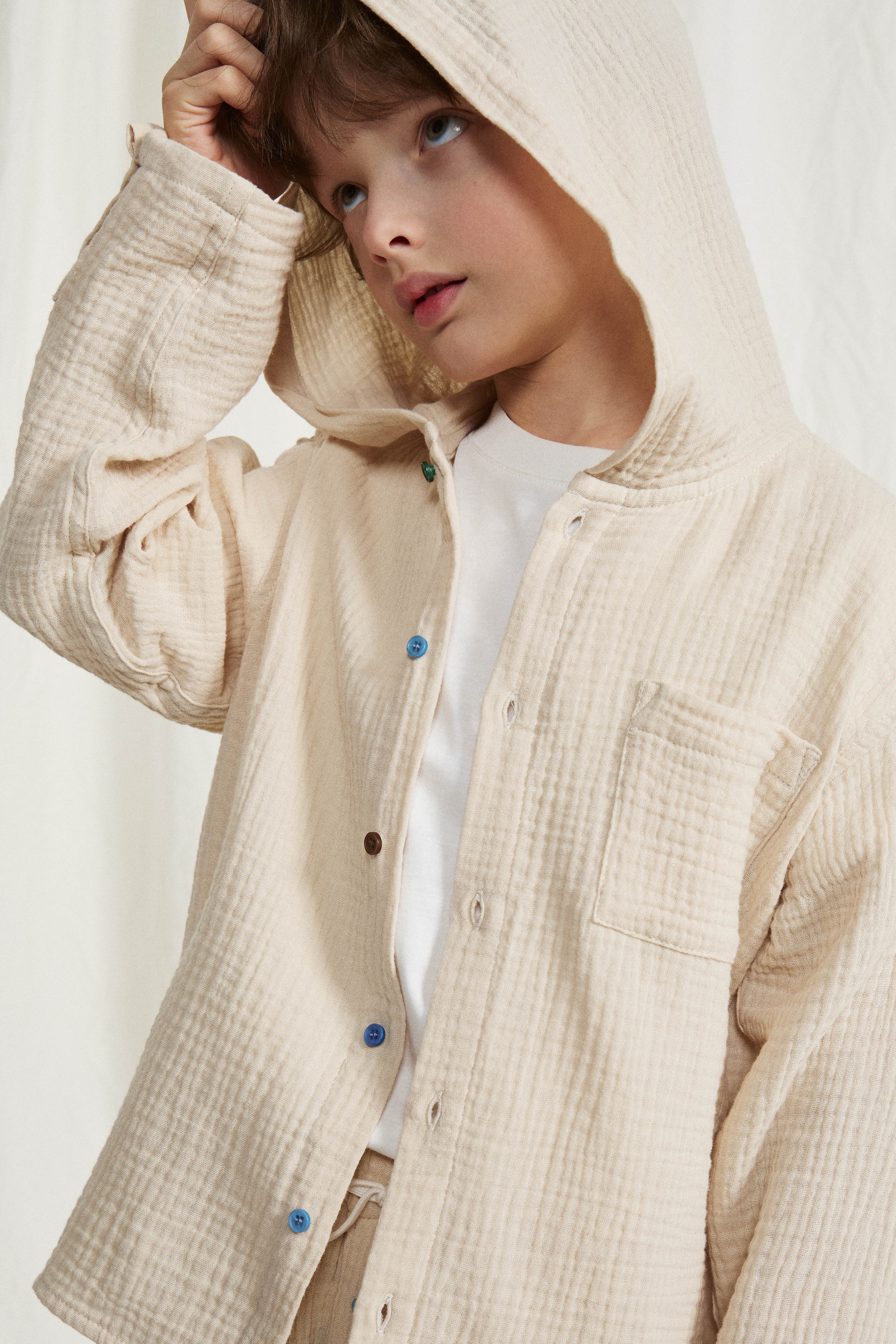 HOODED COTTON MUSLIN SHIRT