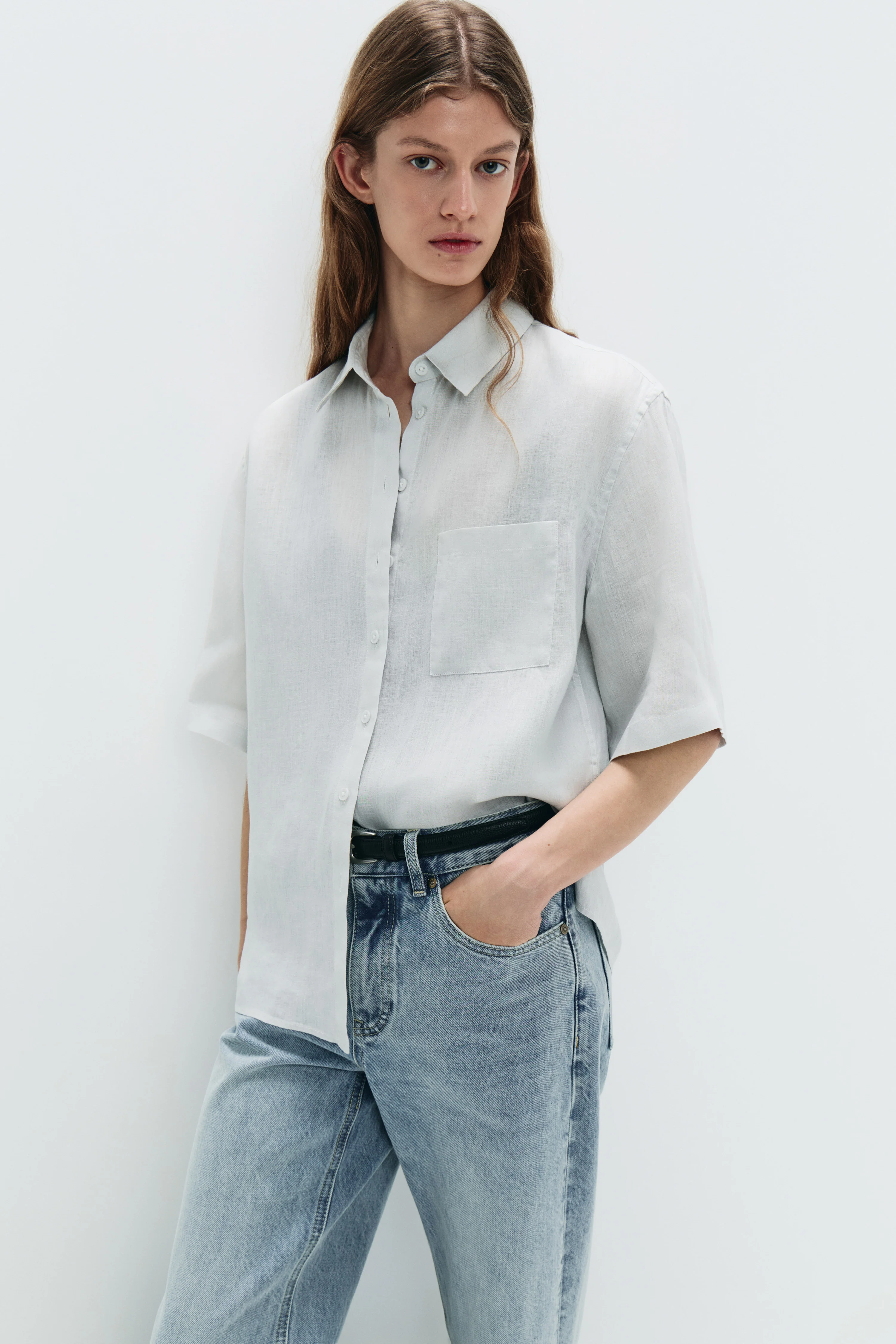 LINEN POCKET-DETAIL SHIRT