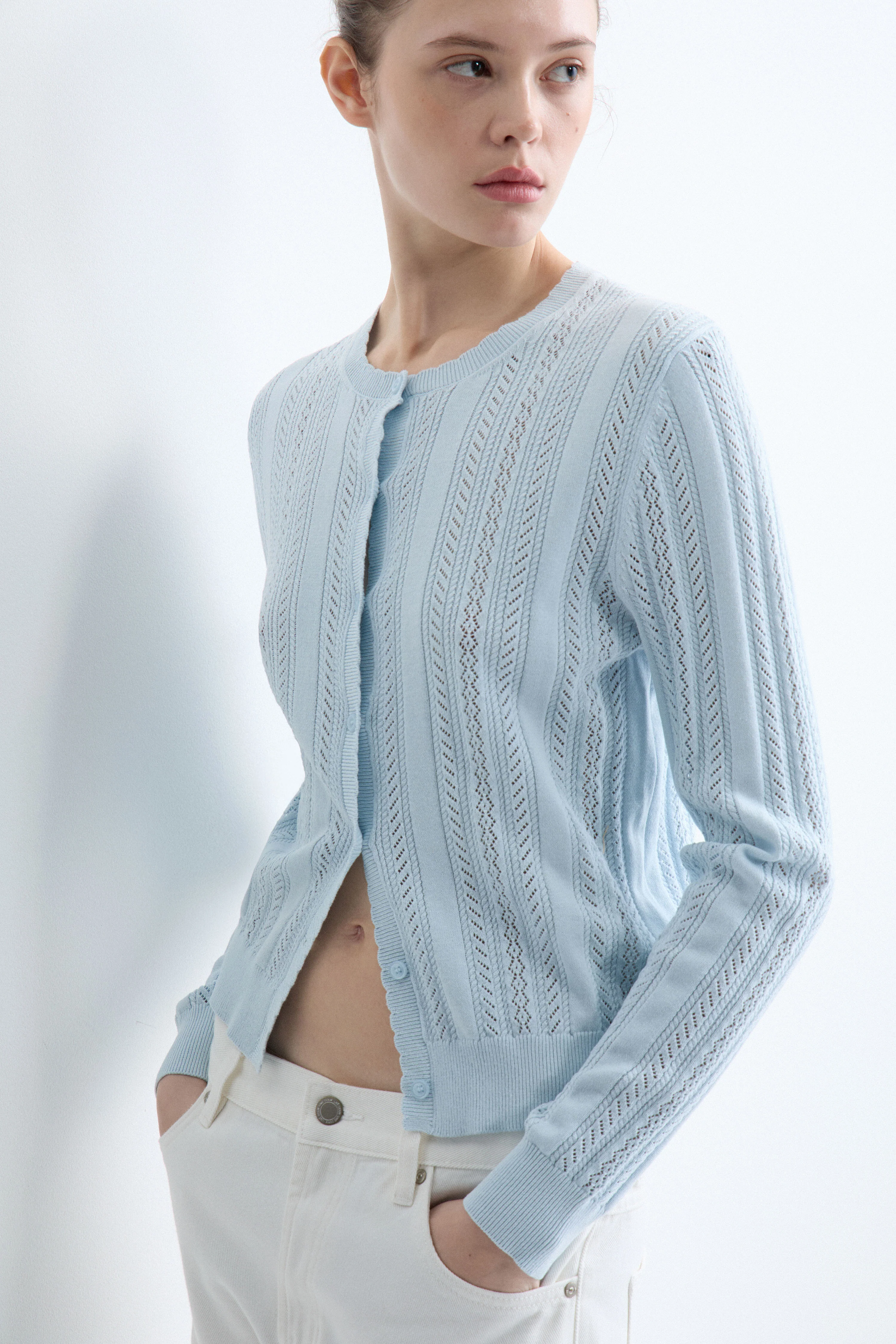 POINTELLE-KNIT VISCOSE-BLEND CARDIGAN