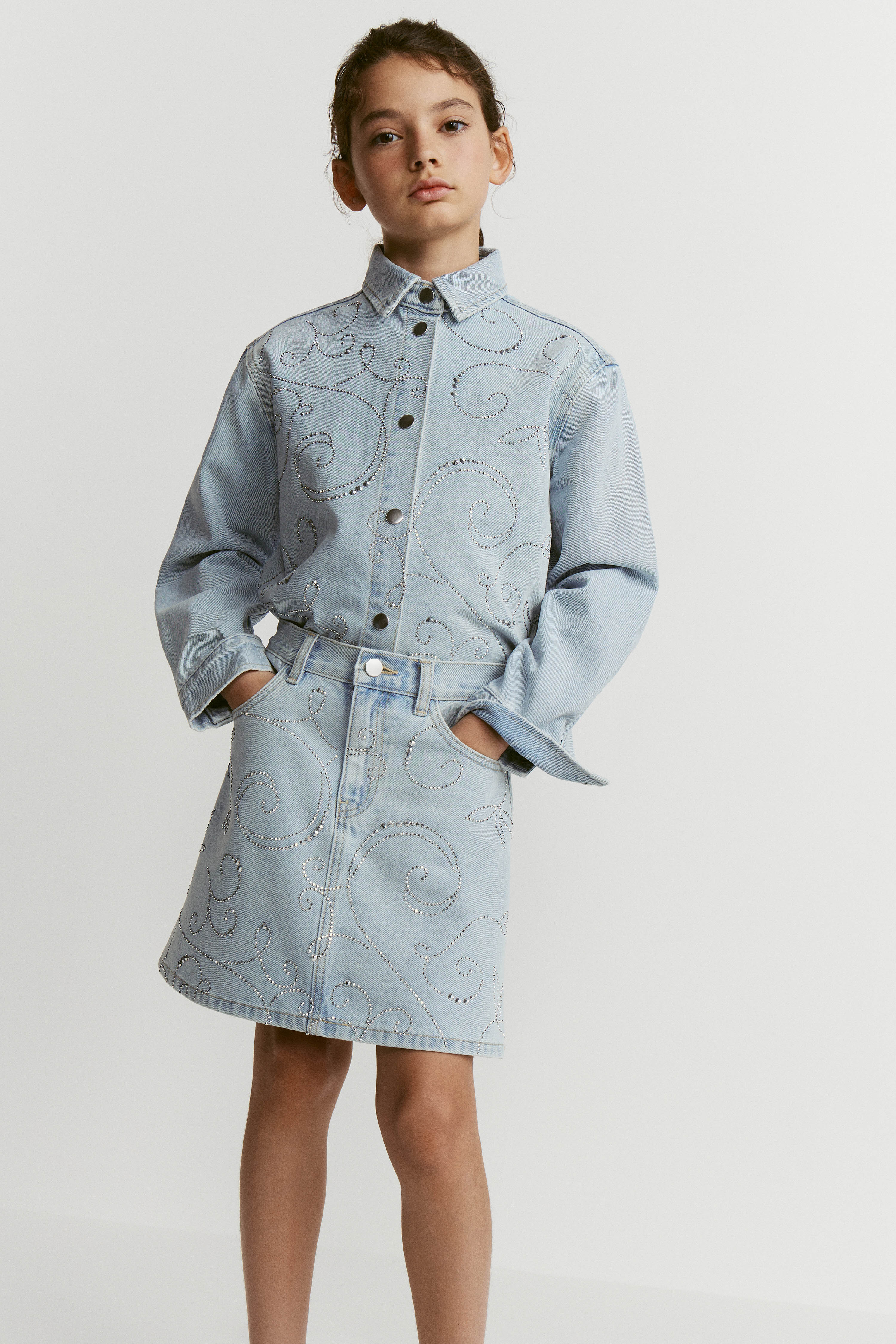 RHINESTONE-EMBELLISHED DENIM SKIRT